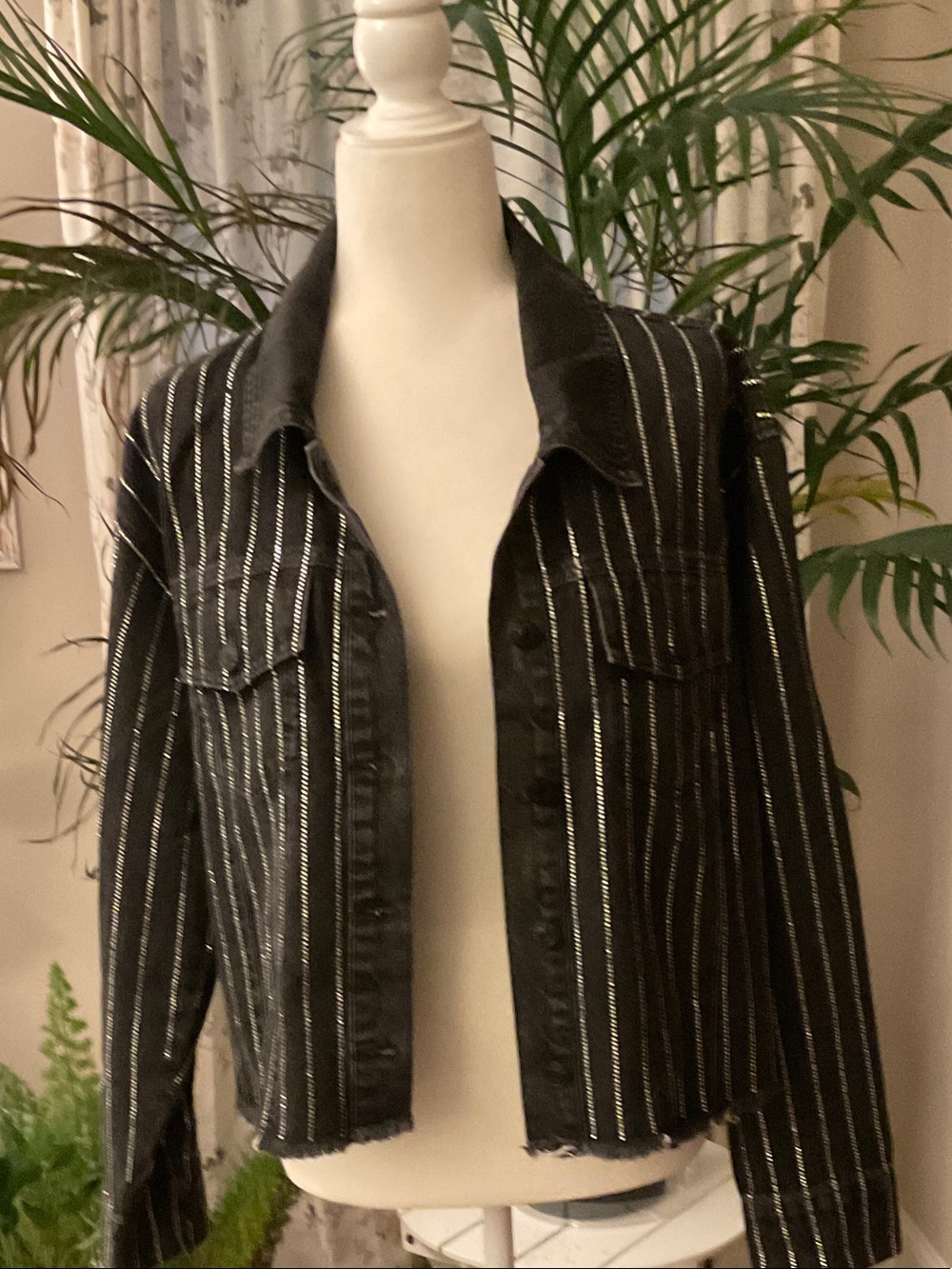 Blue.B. - Distressed Black Denim Women’s Jacket with Rhinestone Pinstripe